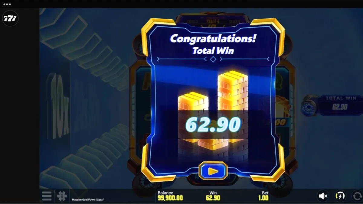 Tampilan visual futuristik dari slot Massive Gold Power Staxx dengan simbol emas dan latar belakang galaksi.