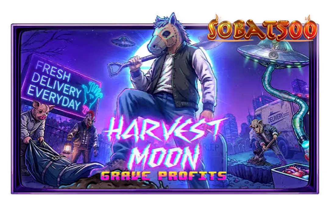 Tampilan visual slot Harvest Moon Grave Profits dengan tema horor sci-fi